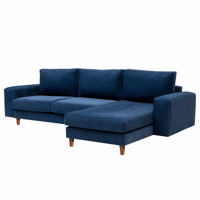 Canapea cu colt albastru navy din textil pentru 3 persoane Berlin Right The Home Collection