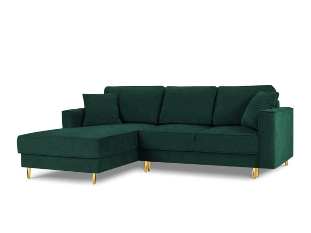 Canapea cu colt extensibila verde inchis/auriu din textil si lemn de pin pentru 4 persoane Left Dunas Besolux