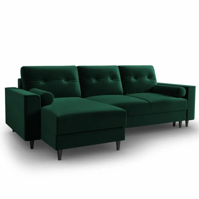 Canapea cu colt extensibila verde/neagra din catifea si lemn de pin pentru 4 persoane Leona Besolux