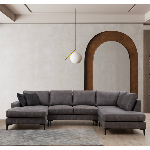 Canapea cu colt gri antracit din textil pentru 3 persoane Porto The Home Collection