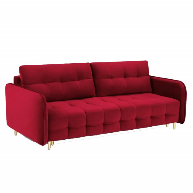 Canapea extensibila rosie/aurie din catifea si lemn de pin pentru 3 persoane Scaleta Besolux
