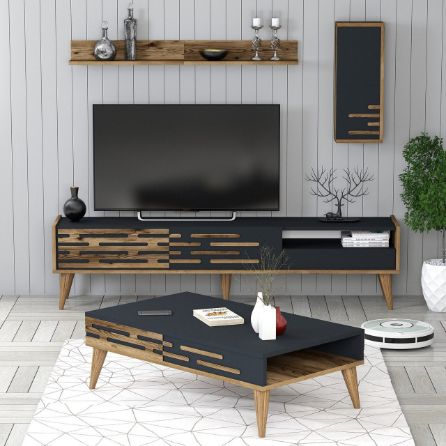 Comoda TV, masa de cafea si 2 rafturi maro/gri antracit din lemn Valensiya The Home Collection