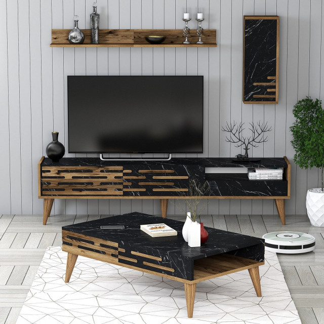 Comoda TV, masa de cafea si 2 rafturi maro/negru din lemn Valensiya Marble The Home Collection