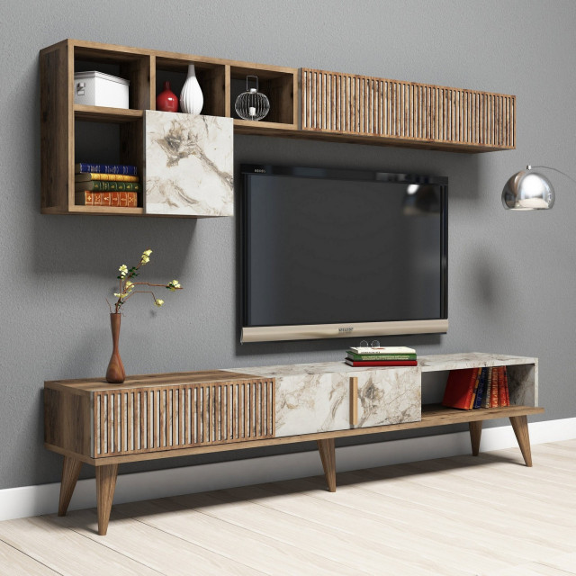 Comoda TV, masa de cafea si raft maro/alb din lemn Milan Marble The Home Collection