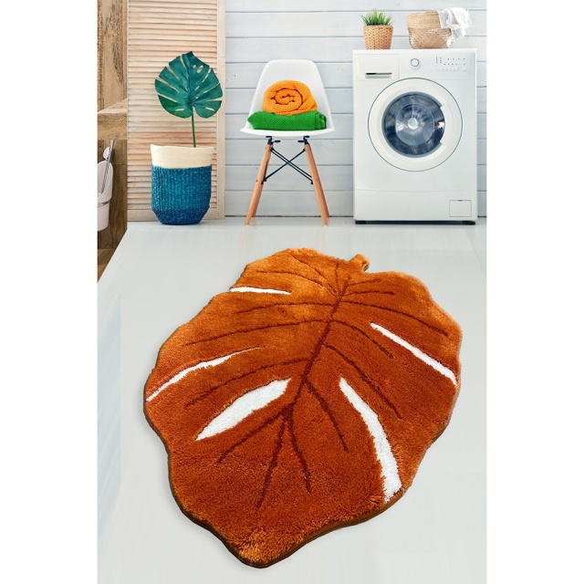 Covoras de baie portocaliu/alb din fibre sintetice 80x120 cm Leaf The Home Collection