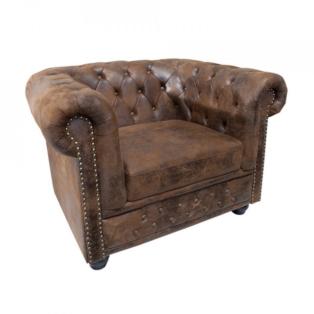 Fotoliu maro antichizat din poliester si lemn Chesterfield The Home Collection