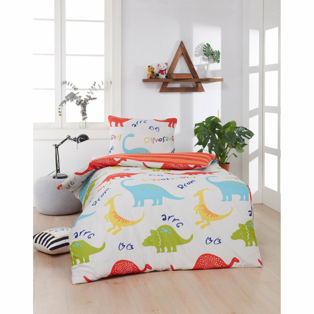 Lenjerie pat alba/multicolora din bumbac Dinozarus Single The Home Collection
