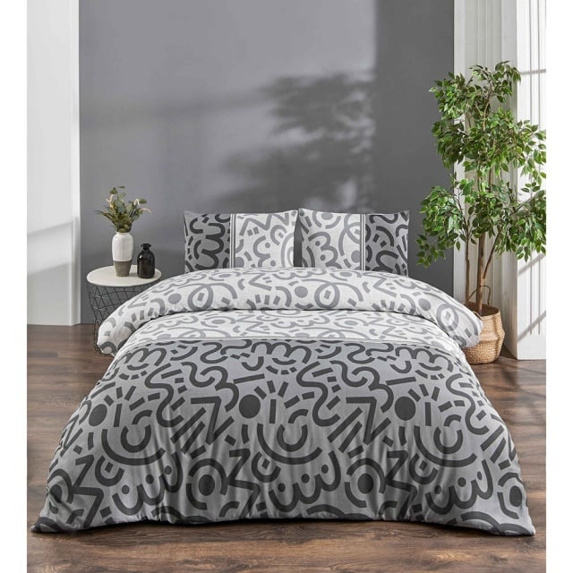 Lenjerie pat gri/neagra din bumbac Doodle The Home Collection