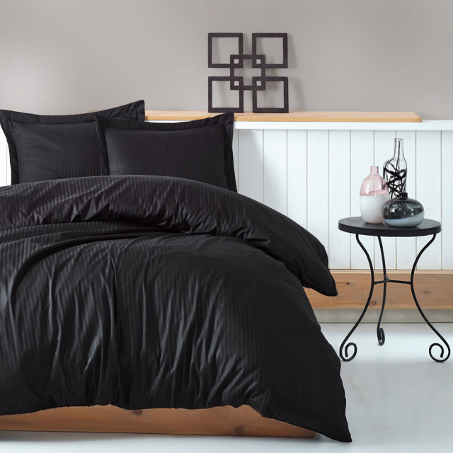 Lenjerie pat neagra din bumbac Stripe The Home Collection