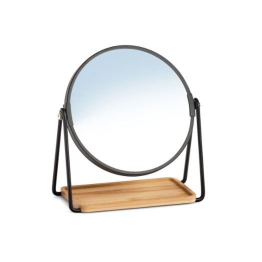 Oglinda cosmetica de masa rotunda neagra/maro din fier si lemn 17 cm Bianca Zeller