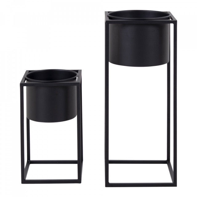 Set 2 ghivece cu suport negre din metal Marla House Nordic