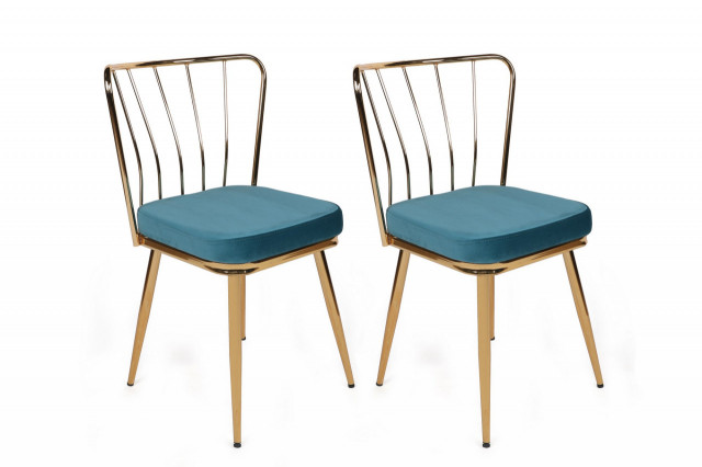Set 2 scaune dining albastru albastre/aurii din catifea Ydal The Home Collection