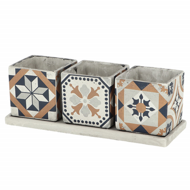 Set 3 ghivece multicolore cu farfurioara din ciment 13x36 cm Portuguese Esschert Design