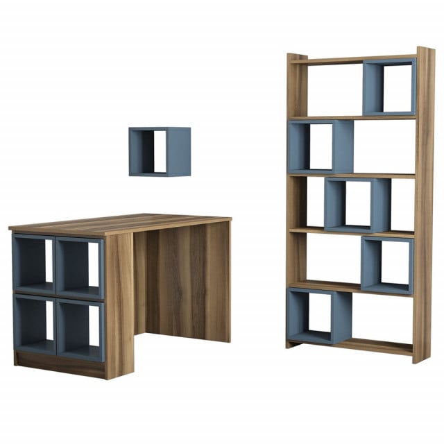 Set birou cu raft si etajera maro/albastru din lemn Box The Home Collection