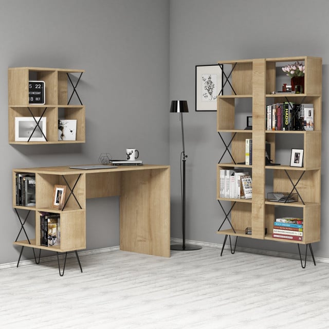 Set birou si raft si etajera maro deschis/negru din lemn Extra The Home Collection