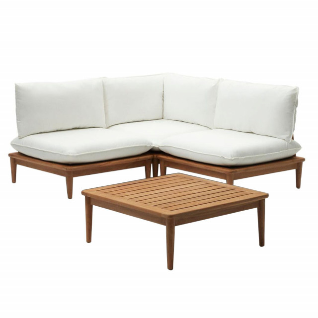 Set canapea exterior modulara cu colt si masa de cafea alb/maro din material textil si lemn pentru 3 persoane Portitxol Kave Home