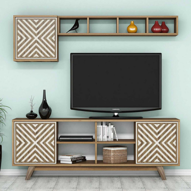 Set comoda TV, raft si dulap maro/crem din lemn Inci The Home Collection