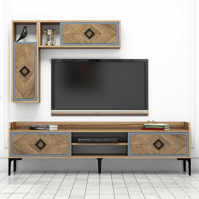 Set comoda TV si 2 rafturi maro/albastru din lemn Samba The Home Collection
