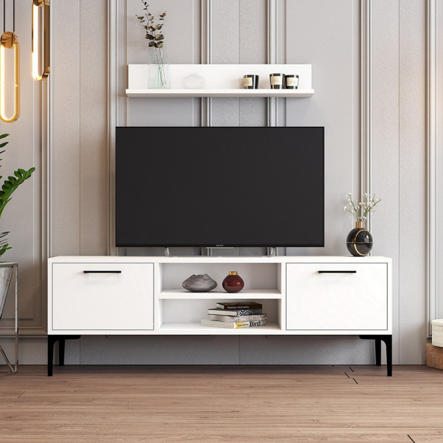 Set comoda TV si raft alb din lemn Riga The Home Collection