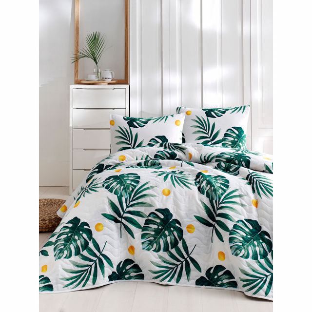 Set cuvertura verde/multicolora din bumbac Monstera Double The Home Collection
