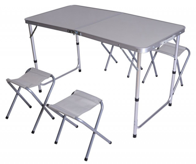 Set masa si 4 scaune dining pentru exterior gri din aluminiu si MDF 60x120 cm Cargo Rojaplast