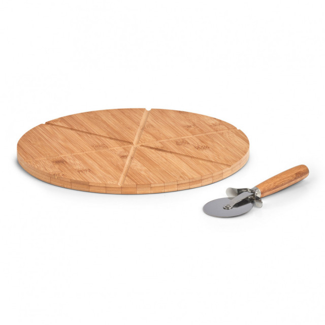 Set platou si cutit pentru servire pizza maro din lemn si metal 32 cm Kora Zeller