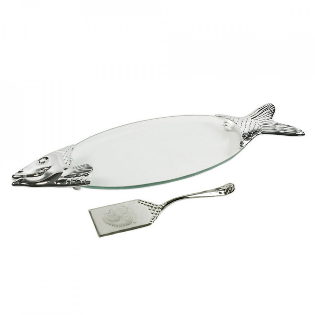Set platou si spatula transparent/argintiu din sticla si metal argintat 19x58 cm Salmon Edzard