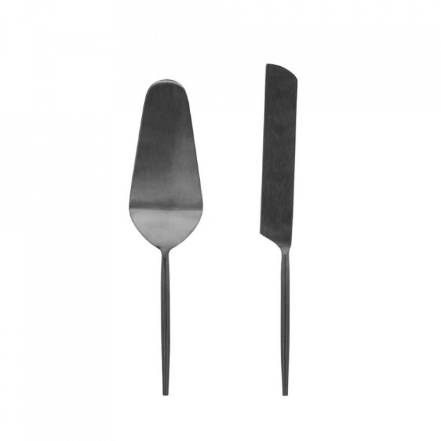 Set spatula si cutit negre din inox pentru desert Fer Kave Home