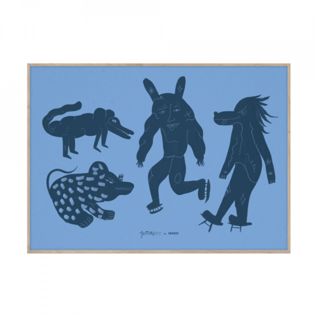 Tablou cu rama din lemn de stejar 50x70 cm Four Creatures Blue Paper Collective