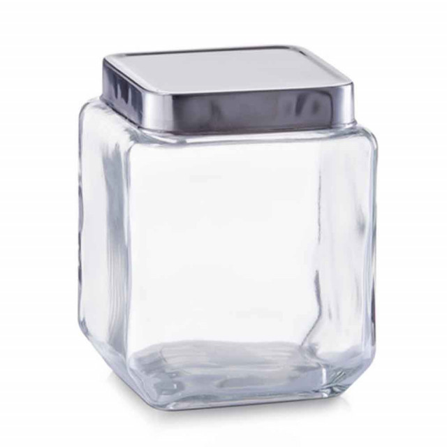 Borcan cu capac transparent/argintiu din sticla si metal 1,1 L Storage Jar Square Medium Zeller