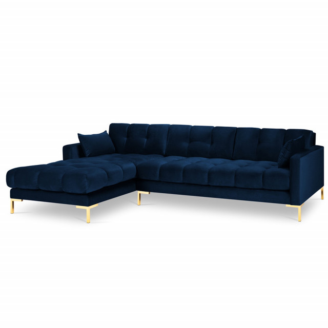 Canapea cu colt albastru royal/aurie din catifea si lemn de pin pentru 5 persoane Mamaia Left Besolux