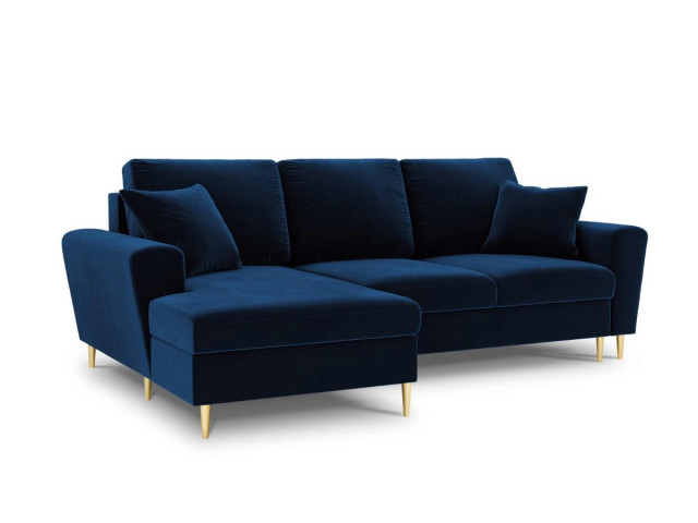 Canapea cu colt extensibila albastru royal/auriu din catifea si lemn de pin pentru 4 persoane Moghan Besolux