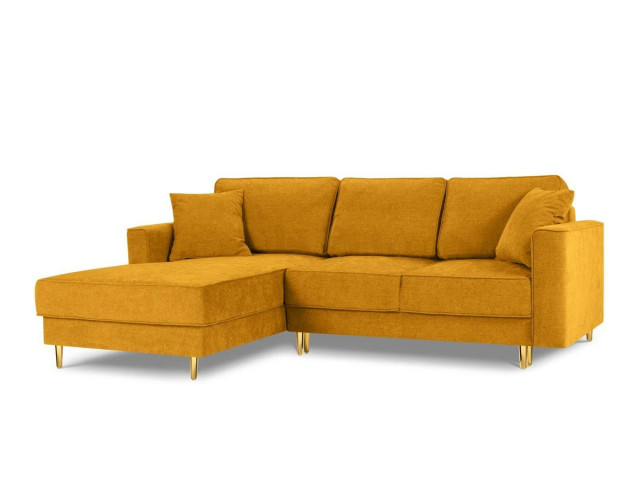 Canapea cu colt extensibila galben/auriu din textil si lemn de pin pentru 4 persoane Left Dunas Besolux