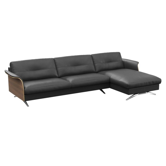 Canapea cu colt neagra din piele pentru 3 persoane Glow Right Flexlux