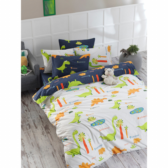 Lenjerie pat alba/multicolora din bumbac Dinolar Double The Home Collection