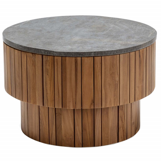 Masa de cafea maro/gri din lemn de tec si piatra 70 cm Kava Thai Natura