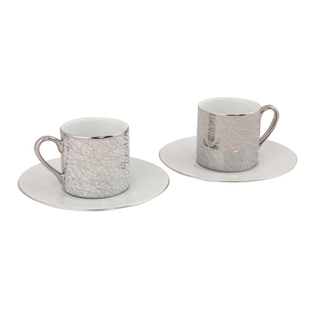 Set 2 cesti cu farfurioara albe/argintii din ceramica 90 ml Strek The Home Collection