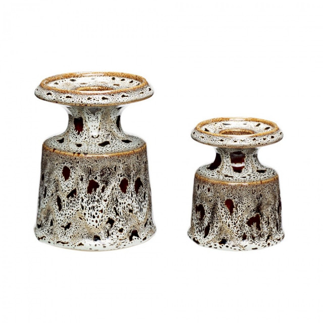Set 2 suporturi lumanare maro/albe din ceramica Edward Hubsch