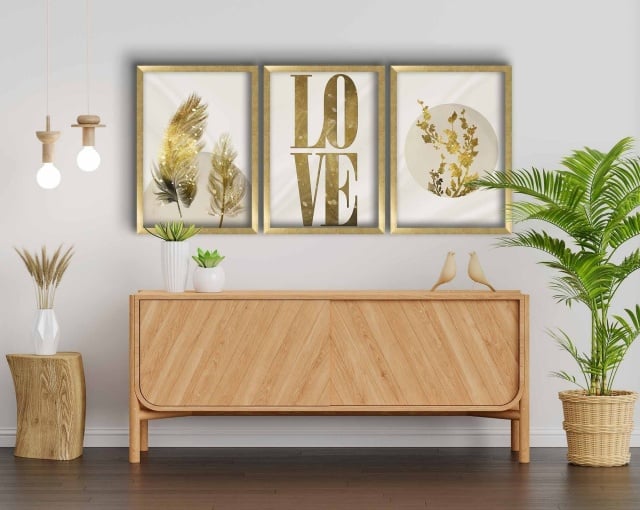 Set 3 tablouri aurii din lemn 38x53 cm Love The Home Collection