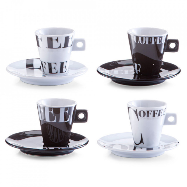 Set 4 cesti cu farfurioare albe/negre din ceramica 50 ml Espresso Style Zeller