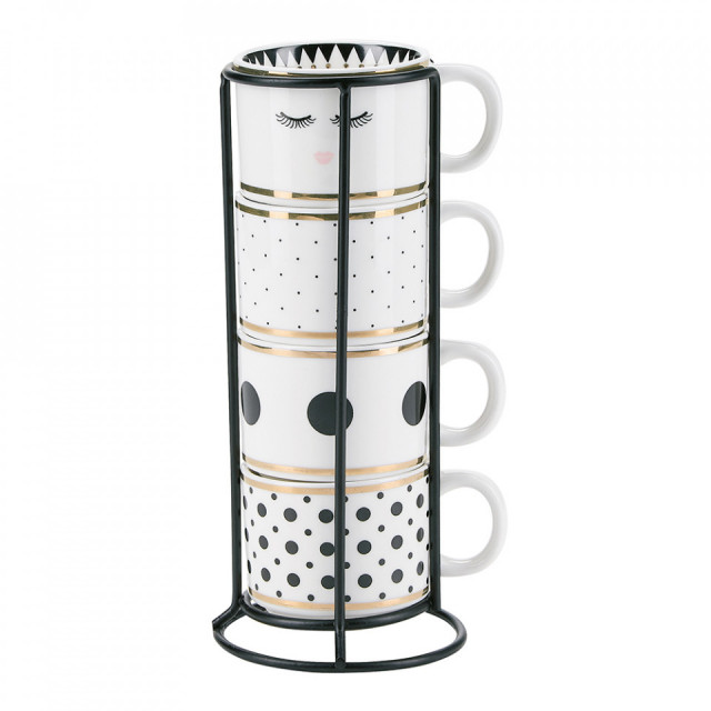 Set 4 cesti si suport din portelan si metal 50 ml Dots Miss Etoile