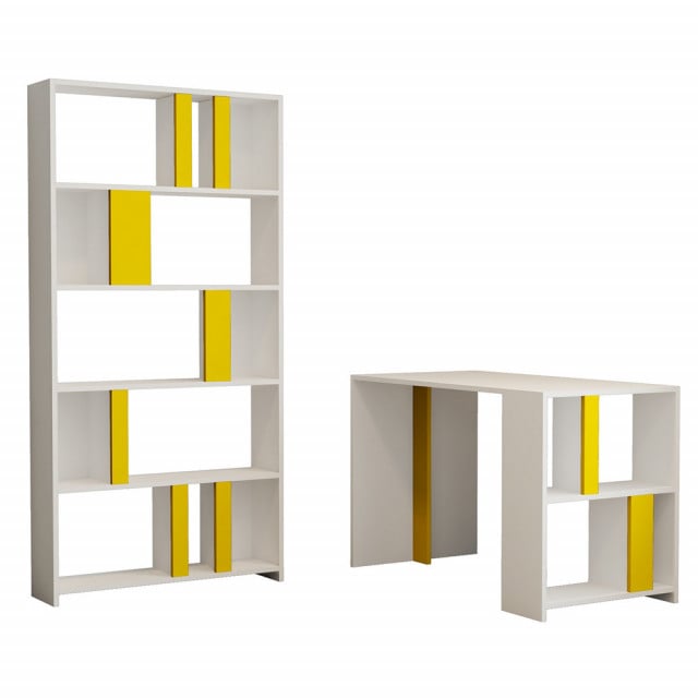 Set birou cu etajera alb/galben din lemn Lima The Home Collection