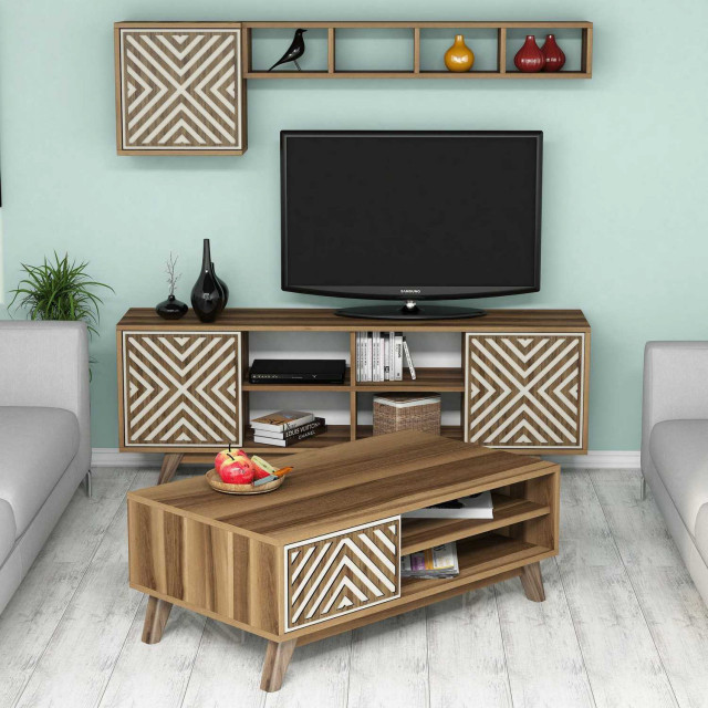Set comoda TV, 2 rafturi si masa de cafea crem/maro din lemn Inci The Home Collection