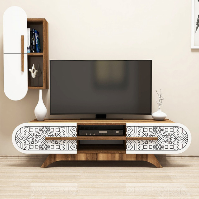 Set comoda TV si raft alb/maro din lemn Defne The Home Collection