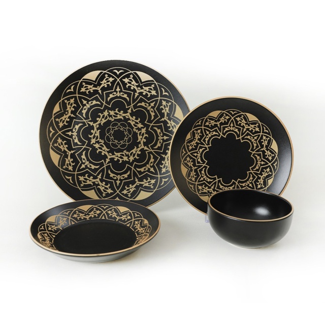 Set de masa 24 piese negre/aurii din ceramica Damas The Home Collection