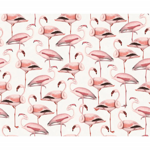 Tapet alb/roz din hartie cu fibre de nailon Flamingos Rebel Walls