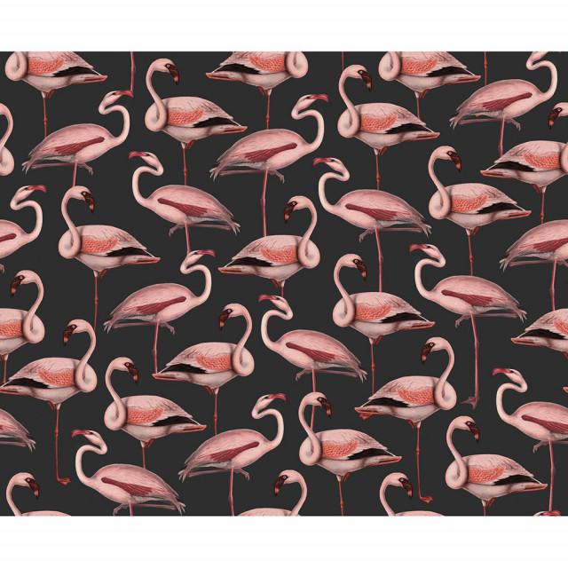 Tapet negru/roz din hartie cu fibre de nailon Flamingos Rebel Walls