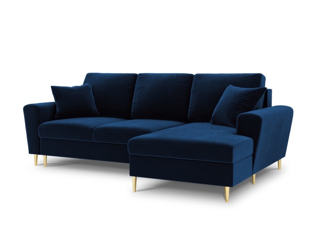 Canapea cu colt extensibila albastru royal/auriu din catifea si lemn de pin pentru 4 persoane Moghan Right Besolux