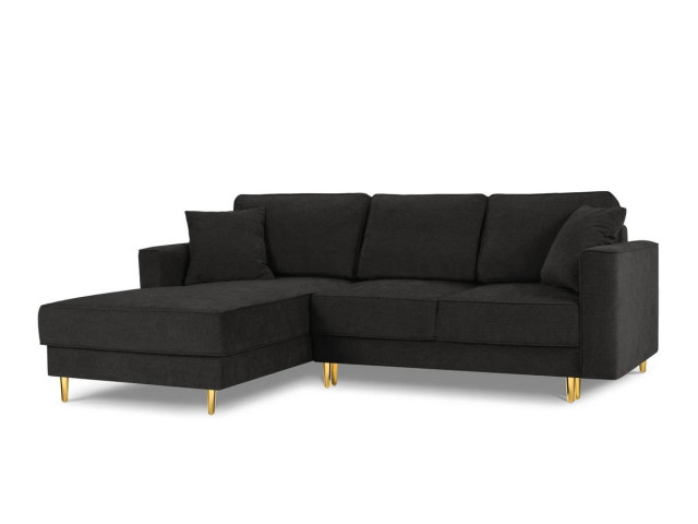 Canapea cu colt extensibila negru/auriu din textil si lemn de pin pentru 4 persoane Left Dunas Besolux