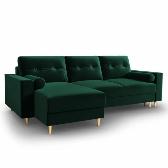 Canapea cu colt extensibila verde/aurie din catifea si lemn de pin pentru 4 persoane Leona Besolux